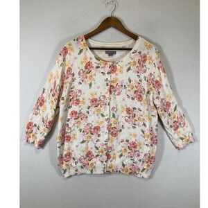 Cottagecore Laura Scott Women 1X Cream Pink Floral 3/4 Sleeve Cotton Cardigan